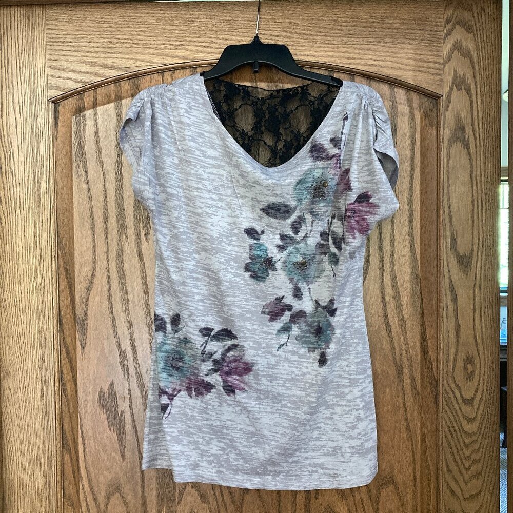 Daytrip Overlay Top, Gray/Grey with Purple &Turquoise Floral, Black Lace Back